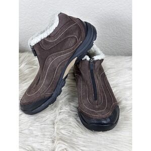 Ryka Brown Suede Zip Winter Booties Womens 7.5 Faux Fur Lined Slip On